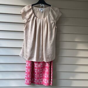 VWL Dressbarn Sz-L Beige Silky Top w/ Beige & Peachy/Orange Patterned Skirt Both